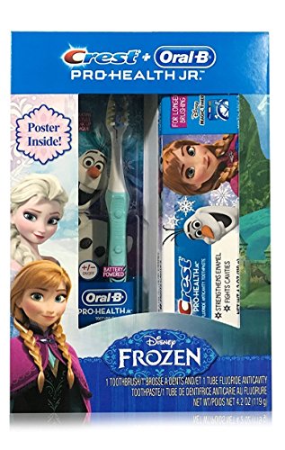 Disney Frozen Crest Pro Health Toothpaste Plus Disney Frozen Pro Health Jr Battery Powered Soft Manual Toothbrush, Free Poster Inside