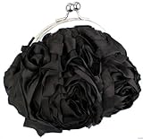 Bouquet Roses Rosette Handmade Satin Clasp Evening Bag, Clutch Baguette Handbag Purse w/2 Detachable Chains