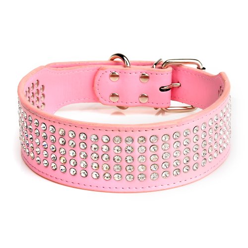 Pet Kingdom 22-24'' Large Rhinestone Leather Dog Collar 5 Rows Rhinestone Leather Dog Collar