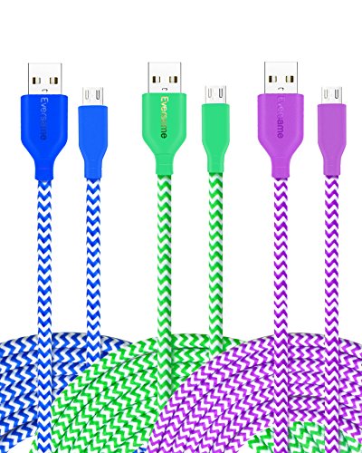 Micro USB Charger, Eversame 3-Pack 6Ft 1.8M Premium Nylon Braided Hi-Speed USB2.0 A Male to Micro B Sync Charger Cables For Android, Samsung Galaxy S6/Note5, HTC One M9, and more (Blue Green Purple)