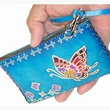 Hand Made Leather Change/coin Purse, Rectangle Shape, Butterfly Embossed, a Mini Wristlet Bag, Collectible