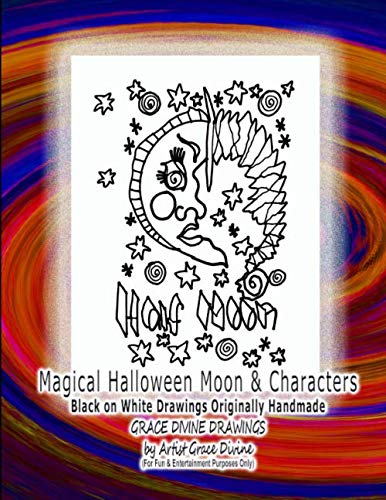 Magical Halloween Moon & Characters Black on White Drawings Originally Handmade GRACE DIVINE DRAWINGS by Grace Divine