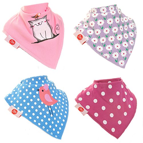 Zippy Fun Baby and Toddler Bandana Bib - Absorbent 100% Cotton Front Drool Bibs with Adjustable Snaps (4 Pack Gift Set) Girls Cat and Bird