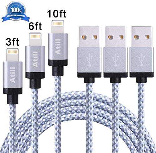Atill 3Pack 3FT 6FT 10FT Lightning Cable Extra Long Nylon Braided Lightning to USB Charging Cord Charger for iPhone 6s,6, 6plus,6s plus, iPhone 5s 5 5c SE, iPad & iPod -White