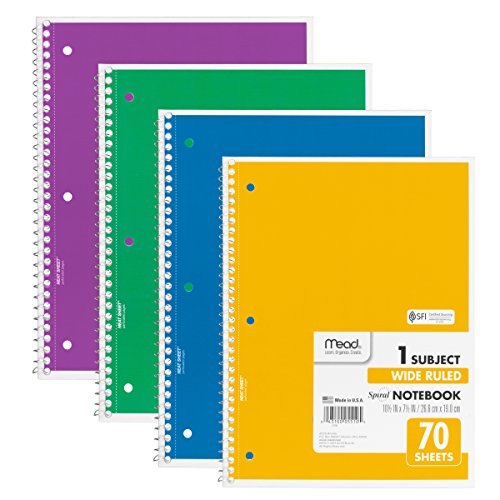 Mead Spiral Notebook 1-Subject, 70-Count, Wide Ruled, COLOR WILL VARY, 4 Pack (72873)