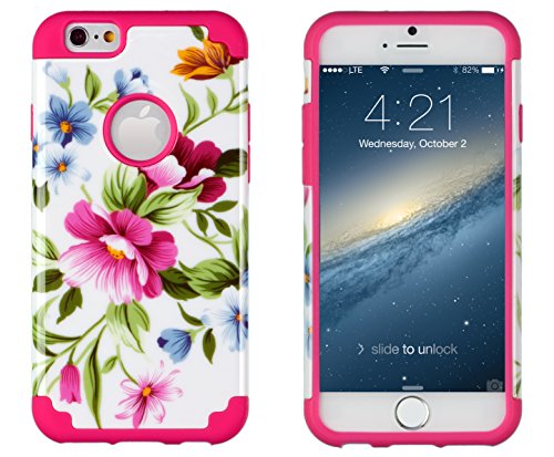 iPhone 6, DandyCase 2in1 Hybrid High Impact Hard Pink & Blue Flower Pattern + Hot Pink Silicone Case Cover for Apple iPhone 6 (4.7