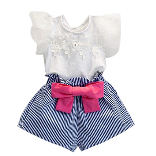 FEITONG Girls Lace T-shirt+Stripe Shorts Set