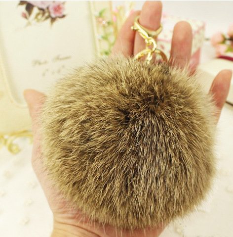 Minigianni Rabbit Fur Ball Pom Pom Keychain Gold Plated Keychain Pendant for Handbag Wallet Purse Car Key (Brown)