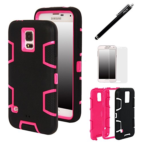 E LV Hard Plastic with Soft Silicon Dual Layer Armor Defender Full Body Protective Case for Galaxy S5 Bundle with Stylus, Screen Protector and Microfiber Sticker Digital Cleaner - Black / Hot Pink