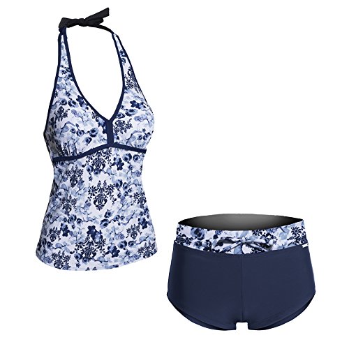 Women's Halter Tie Tankini Top Boy Short Bottom Printed Two Piece Swimsuit Set