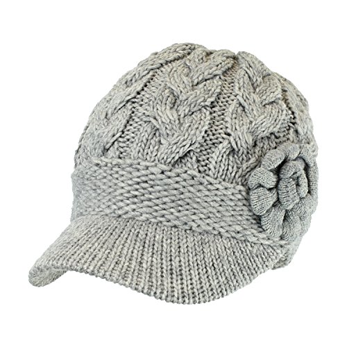 Cute Chunky Cable Knit Beanie Hat w/ Rosette Flower & Visor Brim, Winter Cap