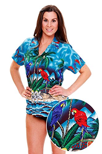 Funky Hawaiian Blouse Women Short-Sleeve Front-Pocket Surf Beach Sun Turquoise