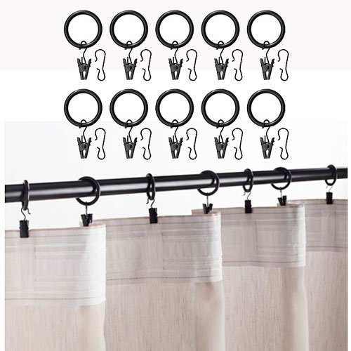 

Set of 10 Premium Curtain Rings with Clips Black 1.5 Inch Diameter
