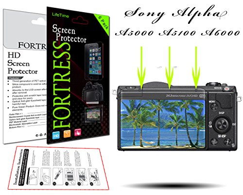 (6 Pack) Sony Alpha A5000 A5100 A6000 NEX-7 NEX-6 Digital Camera HD High Definition Crystal Clear LCD Screen Protector Kit Exact Fit, No Cutting Needed. LifeTime Replacement Warranty (Fortress Brand)
