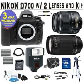 NIKON D700 DIGITAL SLR CAMERA BODY + NIKON 18-55 VR LENS + NIKON 70-300 G ZOOM LENS + 16 GIG HIGH SPEED MEMORY CARD + 2 RECHARGEABLE BATTERIES + VIVITAR FULLY AUTOMATIC DEDICATED FLASH + 3 YEAR CELLTIME WARRANTY