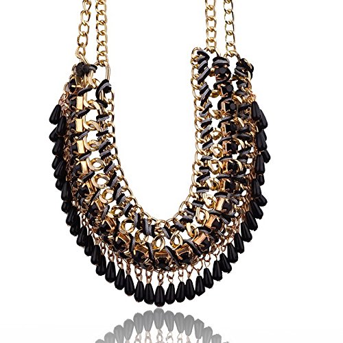 Black Bohemian Acrylic Beads Chunky Weave Bib Choker Necklace Pendant H129K05