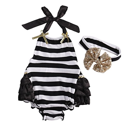 Baby Girls Striped Halter Backless Ruffle Romper with Headband