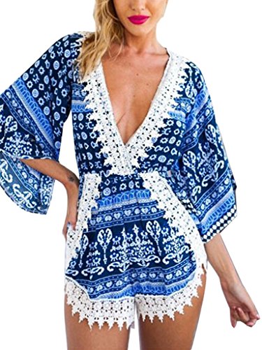 Choies Women's Deep V Neck Lace Embellished Casual Romper Playsuit