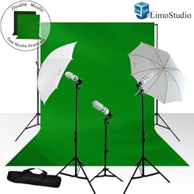 LimoStudio 600 Watt Photo Video Light Kit, 10' x 10' Green Chroma Key Muslin Backdrops with Adjustable Backdrop Support + FREE Green Muslin Protectors, 2 x 45 Watt Continuous Light Kit with 33 White Diffuser Umbrella, Photo Portrait Studio, AGG228