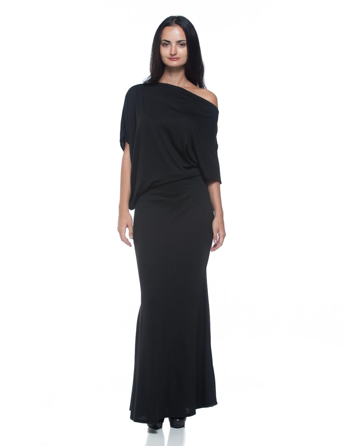 

Women's Black Modern Asymmetric Boat Neck Blouson Dolman Sleeve Long Maxi Dress
