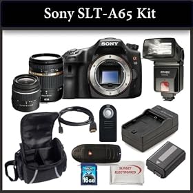 Sony SLT-A65 Digital Camera Kit Includes: Sony SLT-A65 Camera, Tamron 18-270mm F/3.5-6.3 Di II PZD Lens, Sony SAL-1855 18-55mm f/3.5-5.6 DT AF Zoom Lens, Bower SFD328 Digital Slave Flash, Extended Life Battery, Rapid Travel Charger, HDMI Cable, 16GB SDHC Memory Card, Memory Card Reader, Wireless Rem