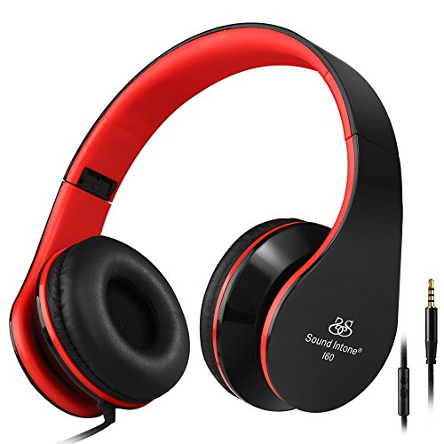 Intone I60 Lightweight Folding 3.5mm Stereo Over-ear Headphones Portable Stretch Headsets Earphones Leather Earpad with Build-in Microphone and Control Button for All Smartphones,laptops,tablets,pc,mp3/mp4,psp,ipod (Black/Red)