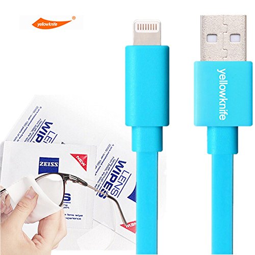 YellowKnife MFi Certified-IOS 7 Noodle Flat 8pin Lightning (3.2ft) Colorful USB Cable Supports Charging And Syncing for iPhone 5 5S 5C,iPad (Air/4th generation),iPad mini,iPod (7th generation),iPod touch (5th generation)&iPod nano(7th generation) With ZEISS Zeiss Pre-Moistened Lens Cloths (Aqua-T)