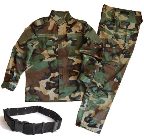迷彩服 戦闘服 BDU パンツ＆ジャケット 上下セット デューティーベルト タクティカル ピストルベルト がセット SSサイズからLサイズまで 幅広いサイズに対応 (SS, ウッドランド迷彩)