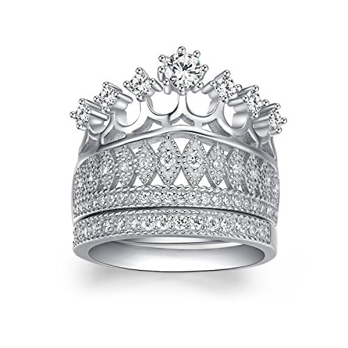 .925 Sterling Silver Cubic Zirconia Crown Tiara 2 Band Set Ring