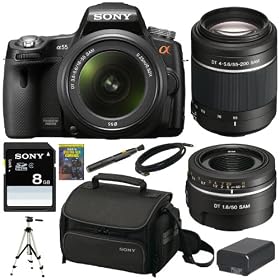 Sony Alpha SLT-A55V/L 16.2MP DSLR with Translucent Mirror Technology and 3D Sweep Panorama and 18-55mm F3.5-5.6 Lens with Sony SAL552002 Telephoto Zoom Lens and SAL50F18 50mm Lens + Accessory Kit