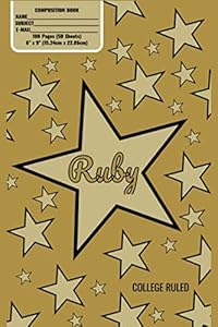 Ruby Monogram Composition Book, Gold Stars Pattern Matte Cover, College Ruled Pages: 6x9 Inches, 100 Pages, Personalized and Perfect for Class, Work, Journaling, Recipes, Notes