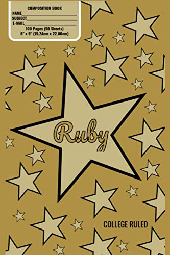 Ruby Monogram Composition Book, Gold Stars Pattern Matte Cover, College Ruled Pages: 6x9 Inches, 100 Pages, Personalized and Perfect for Class, Work, Journaling, Recipes, Notes by Noggin Box Books