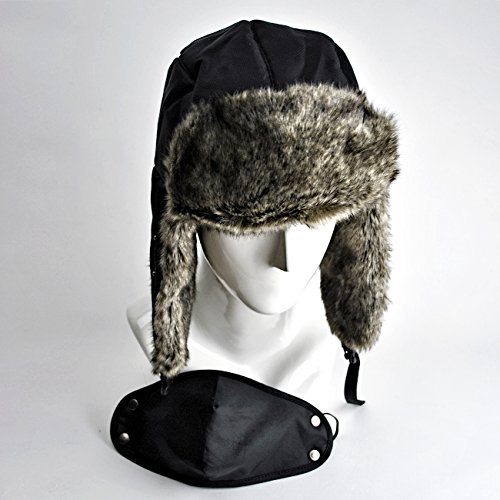 防寒機能抜群なスタイリッシュなフェイクファーのマスク付きロシアンハット　ブラック