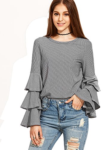 SheIn Women's Striped Layered Bell Sleeve Ruffle Blouse