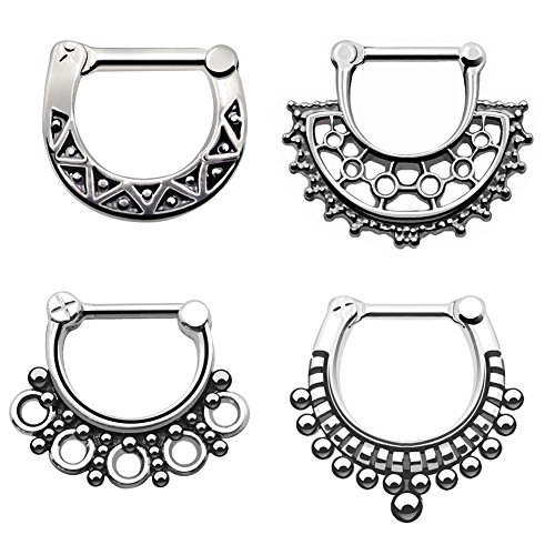 D&M Jewelry 4pcs 316L Stainless Steel Septum Clicker Mixed Mode Nose Ring 16G