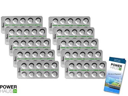 Testtabletten Chlor/pH 100 Stck – 50 Red Phenol – 50 DPD1 – pH Wert und Chlor Wert Messung je 5 Streifen a 10 Testtabletten + POWERHAUS24 Pflegefibel!