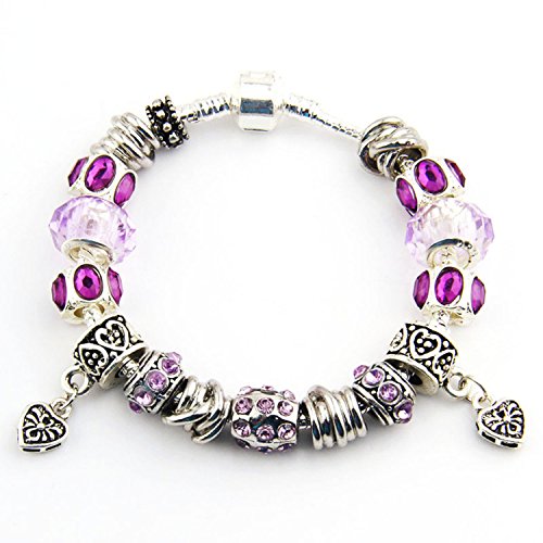 Fun Charm Jewelry Silver Plated Snake Chain Beads Crystal Love Heart Dangle Charm Bracelet for Women