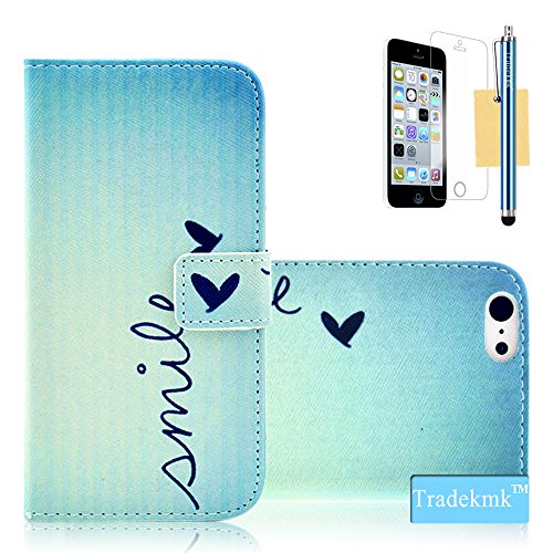 iPhone 5C Case, Tradekmk(TM) Cute Little Love Shape Pattern PU Leather Slim Fit Folio Wallet Stand Shell Cover Case with Card Holders Compatible with Apple iPhone 5C[+Stylus+Screen Protector+Cleaning Cloth]
