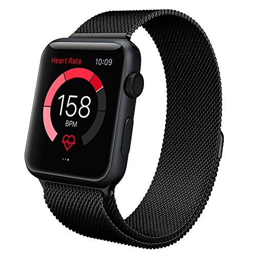 Teslasz Mesh Milanese Loop Stainless Steel Magnetic Buckle Wrist Band for Apple iWatch - Black 42mm