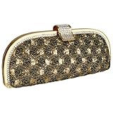 Glamorous Vintage Lace Sprinkle Rhinestones Closure Half Moon Hard Case Evening Baguette Clutch Purse w/Detachable Shoulder Chain