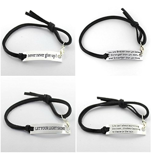 4x Leather Bracelet Fashion Silver Plated Ornaments Motivational Inspirational Words Message Black