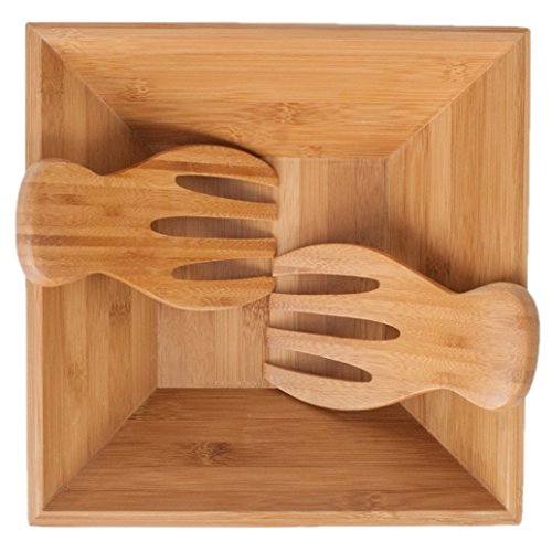 SM Bowls Bamboo Salad Bowl w/ Serving Hands: Sustainable set includes large square bowl and matching salad servers