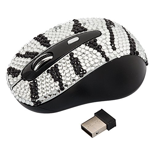 Wireless USB Optical Scroll Wheel Silver and Black Zebra Crystal Rhinestone Computer Mouse