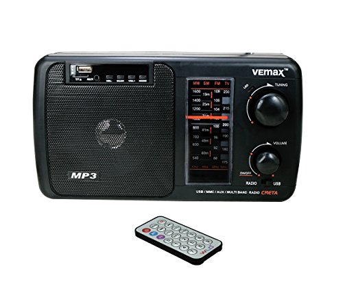 Vemax Creta Multiple Band (FM/AM/MW/USB/AUX/MMC/TV) Portable Radio With Remote, Charger & Aux Lead (Black)