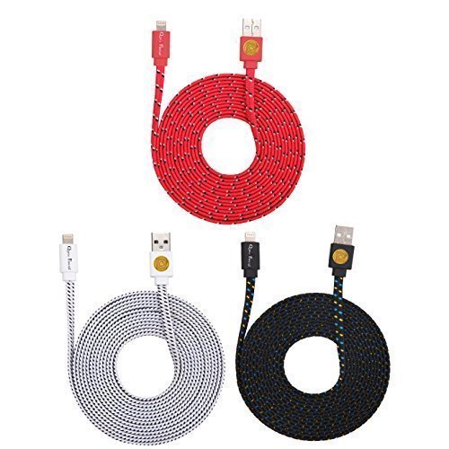 3PK of 10ft Flat Noodle Braided Lightning Cables for iPhone 6S/6Plus -red blk wte