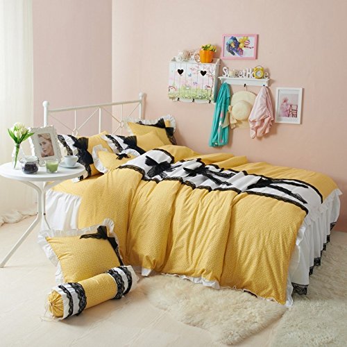 

Lt Twin Full Queen Size 4-pieces 7-pieces 100% Cotton Yellow White Black Bordered Garden Teens Ruffle Princess for Girls Korean Wedding Lace Prints Bed Skirt Duvet Cover Set /Bed Linens/bed Sheet Sets/bedclothes/bedding Sets/bed Sets/bed Covers/5-pieces