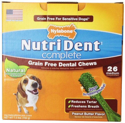 Nylabone Nutri Dent Medium Peanut Butter Flavored Dental Bone Grain Free Dog Treats, 26 Count