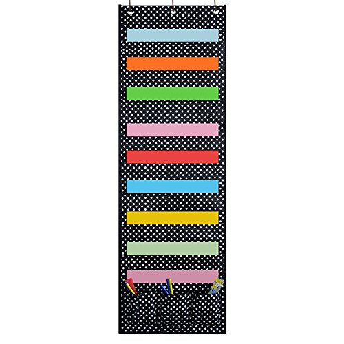 ZKOO Storage Pocket Chart,Hanging wall file organizer with 9 large pocket and 3 small pocket ,Perfect for Organizing Your Classroom, School, Office and Home(43X14 inch) (Black and white dot)