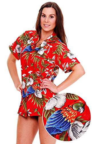 Funky Hawaiian Blouse Women Short-Sleeve Front-Pocket Cherry Parrot Red