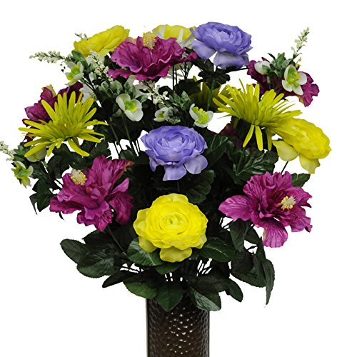 Purple Hibiscus Ranunculus Daisy Silk Flower Bouquet with Stay-In-The-Vase® Design Flower Holder(MD1350)